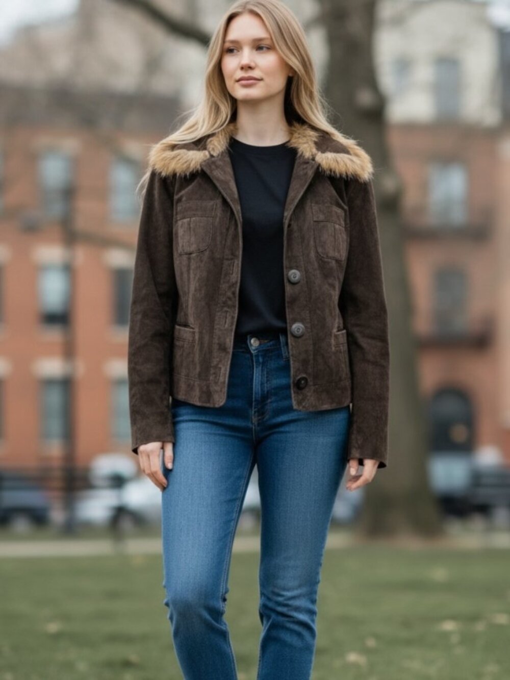 Bernardo Genuine Leather Jacket Womens L Brown Finn Raccoon Fur Collar Coat